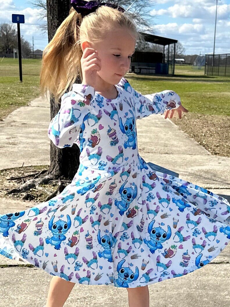 Long sleeve Blue Alien Bow Back Twirl Dress