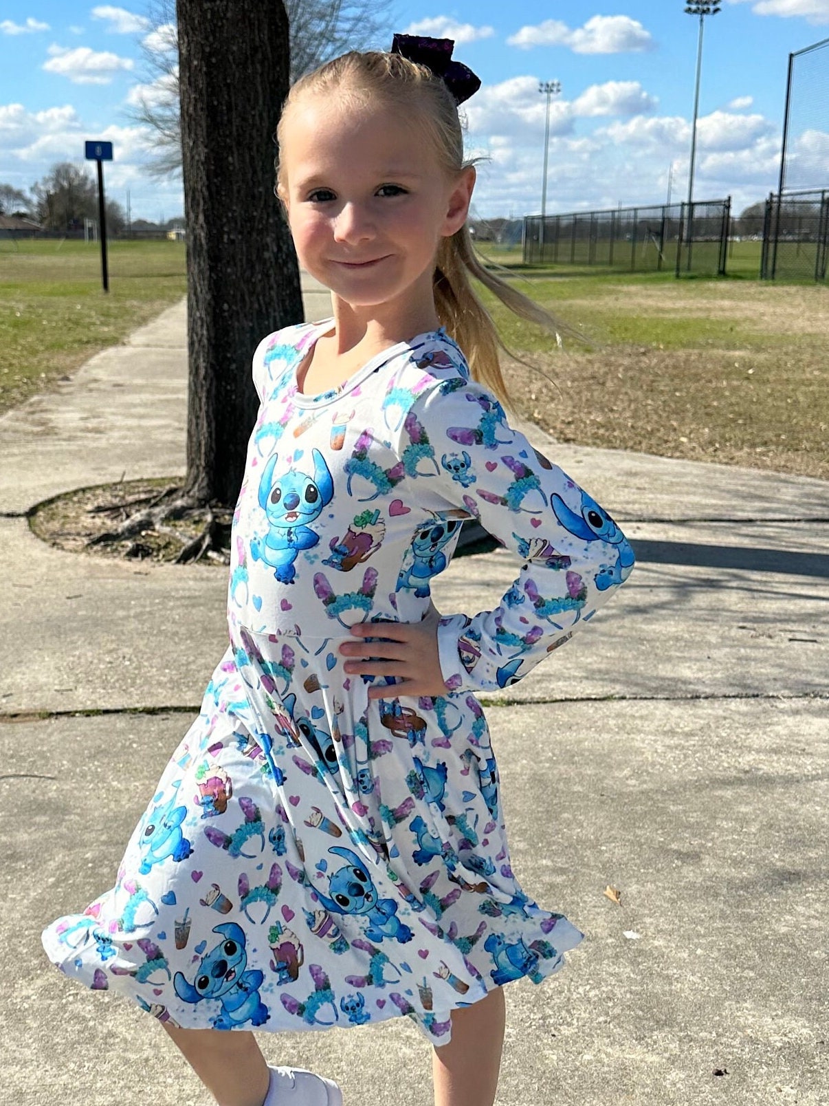 Long sleeve Blue Alien Bow Back Twirl Dress