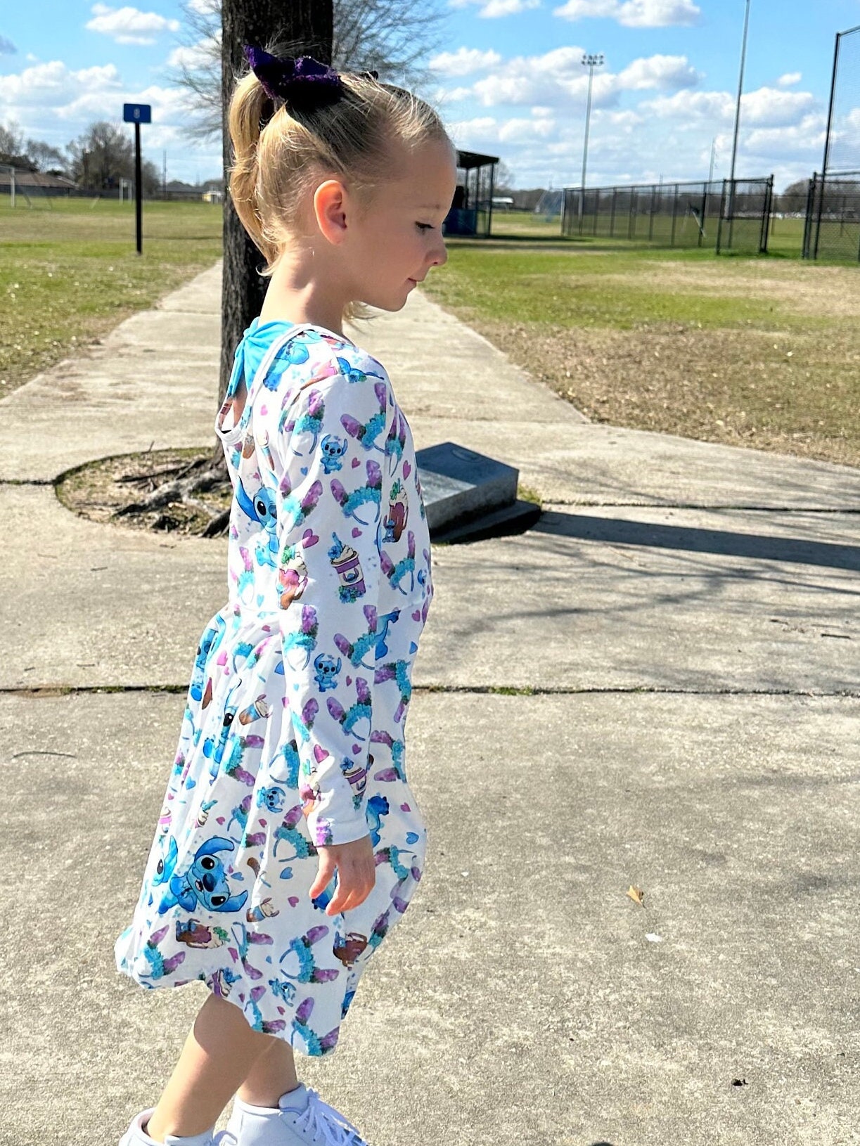 Long sleeve Blue Alien Bow Back Twirl Dress