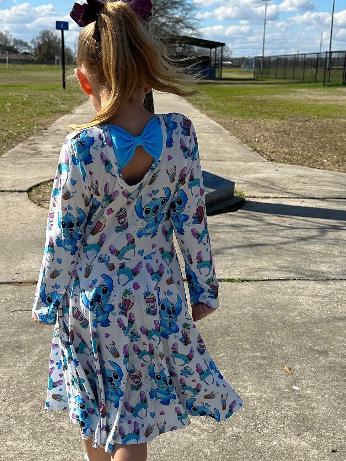 Long sleeve Blue Alien Bow Back Twirl Dress