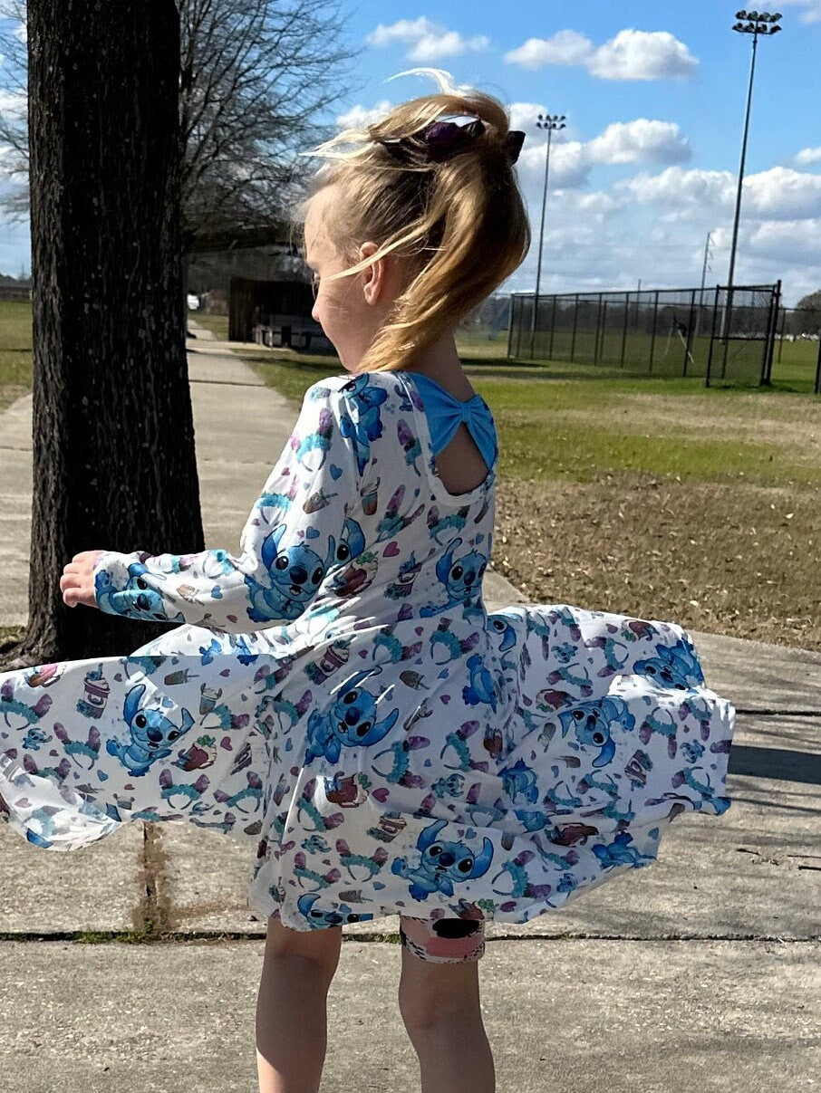 Long sleeve Blue Alien Bow Back Twirl Dress