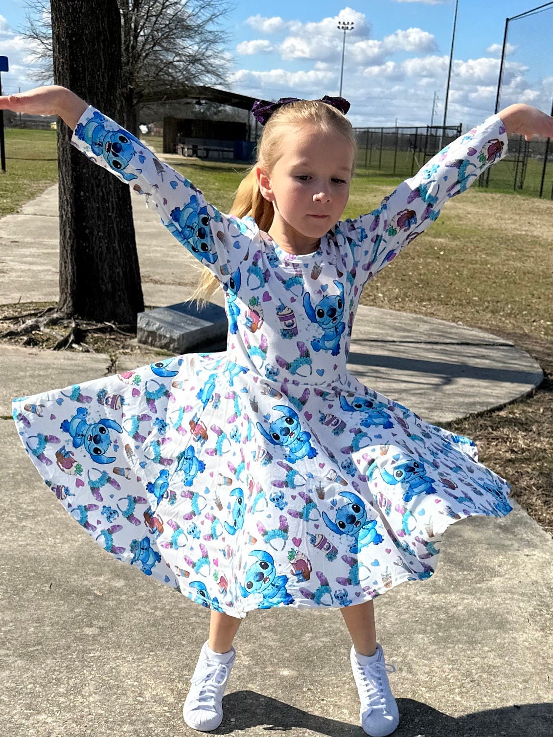 Long sleeve Blue Alien Bow Back Twirl Dress