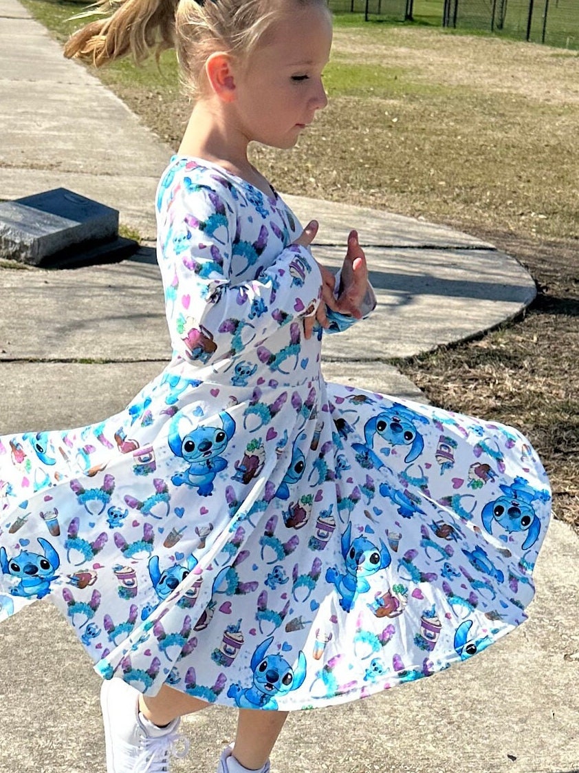 Long sleeve Blue Alien Bow Back Twirl Dress