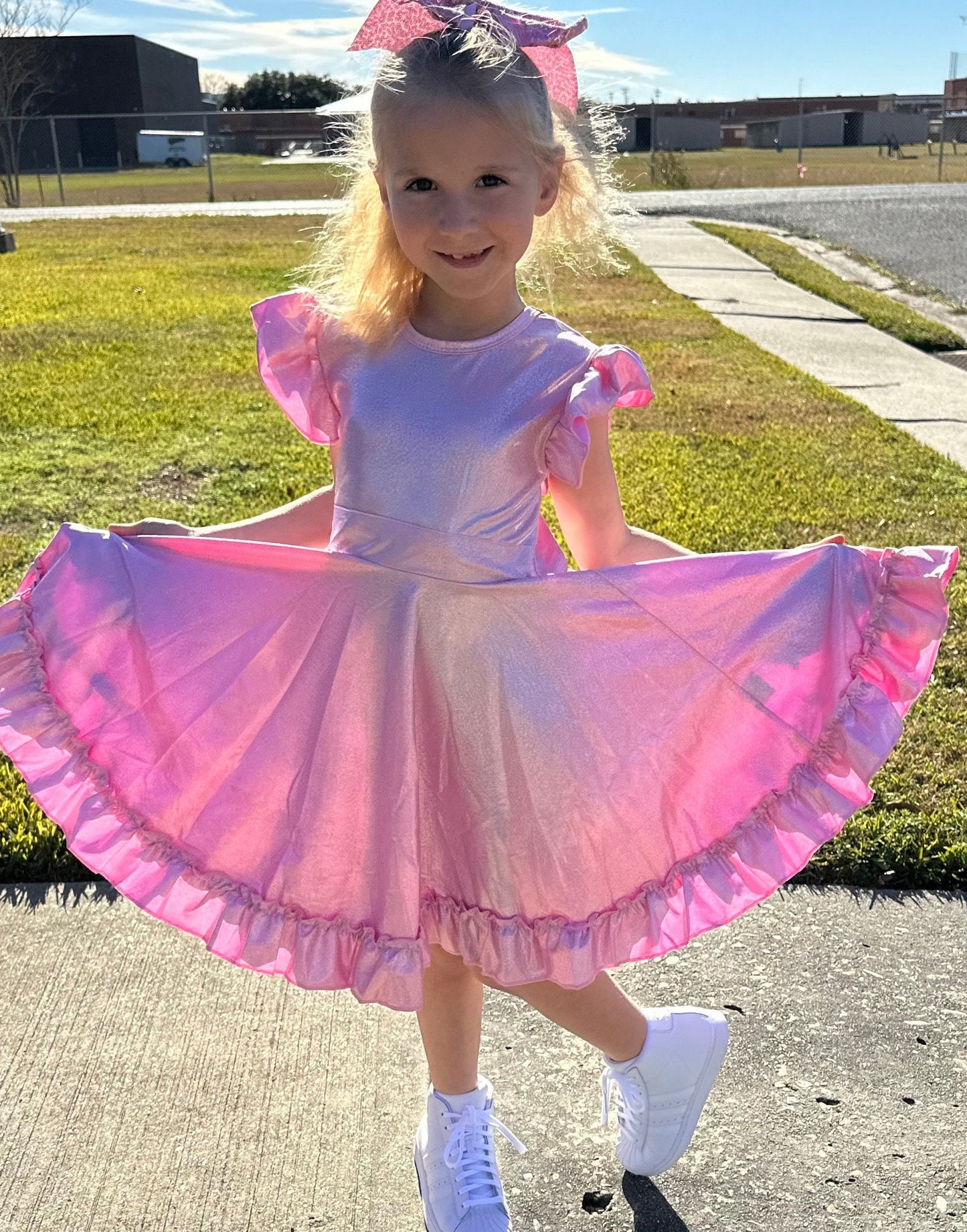 Pink Shimmer Bow Back Twirl Dress