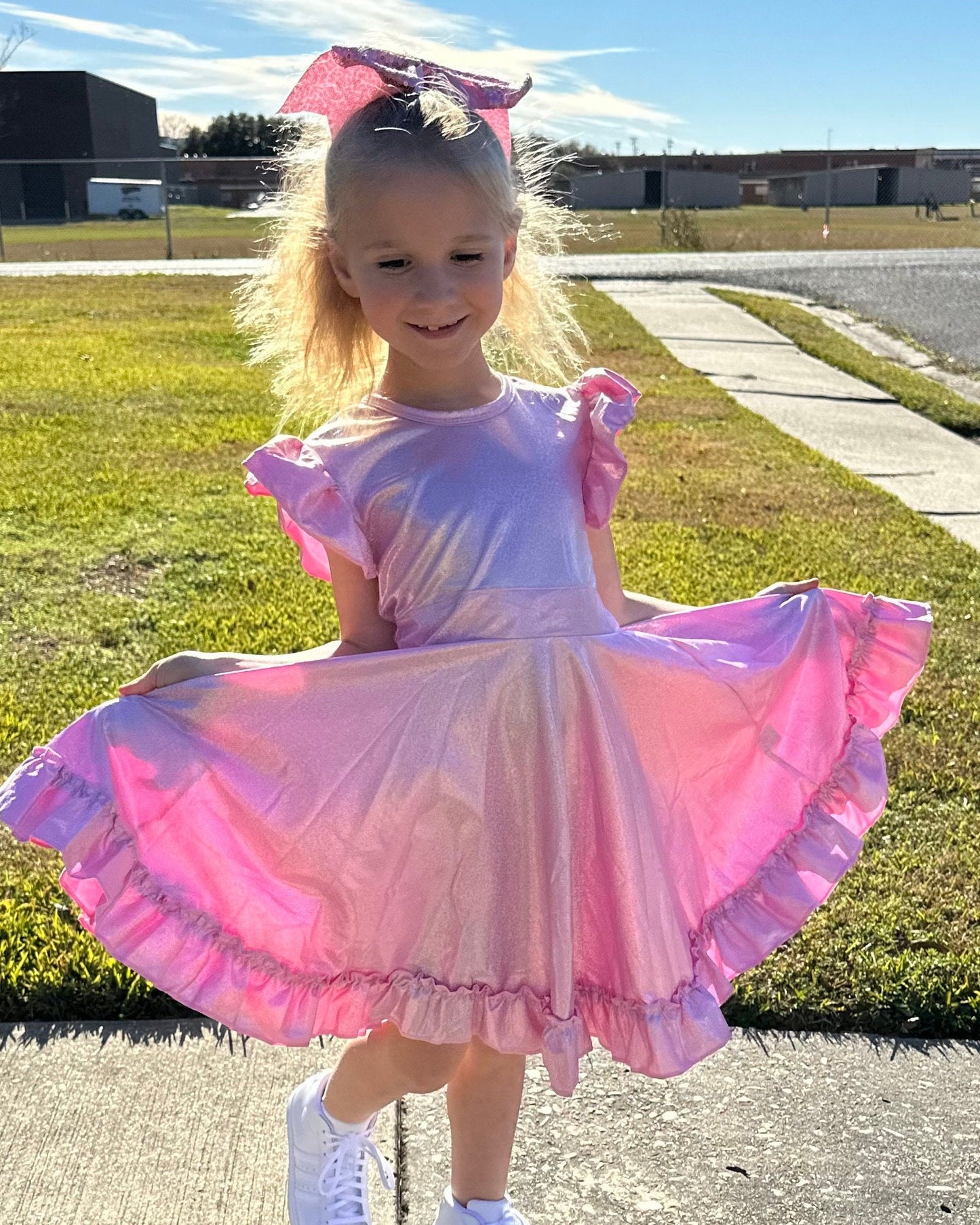 Pink Shimmer Bow Back Twirl Dress