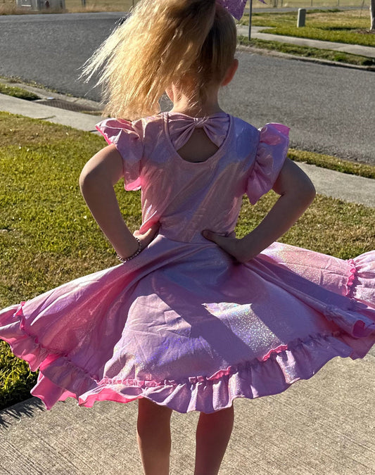 Pink Shimmer Bow Back Twirl Dress