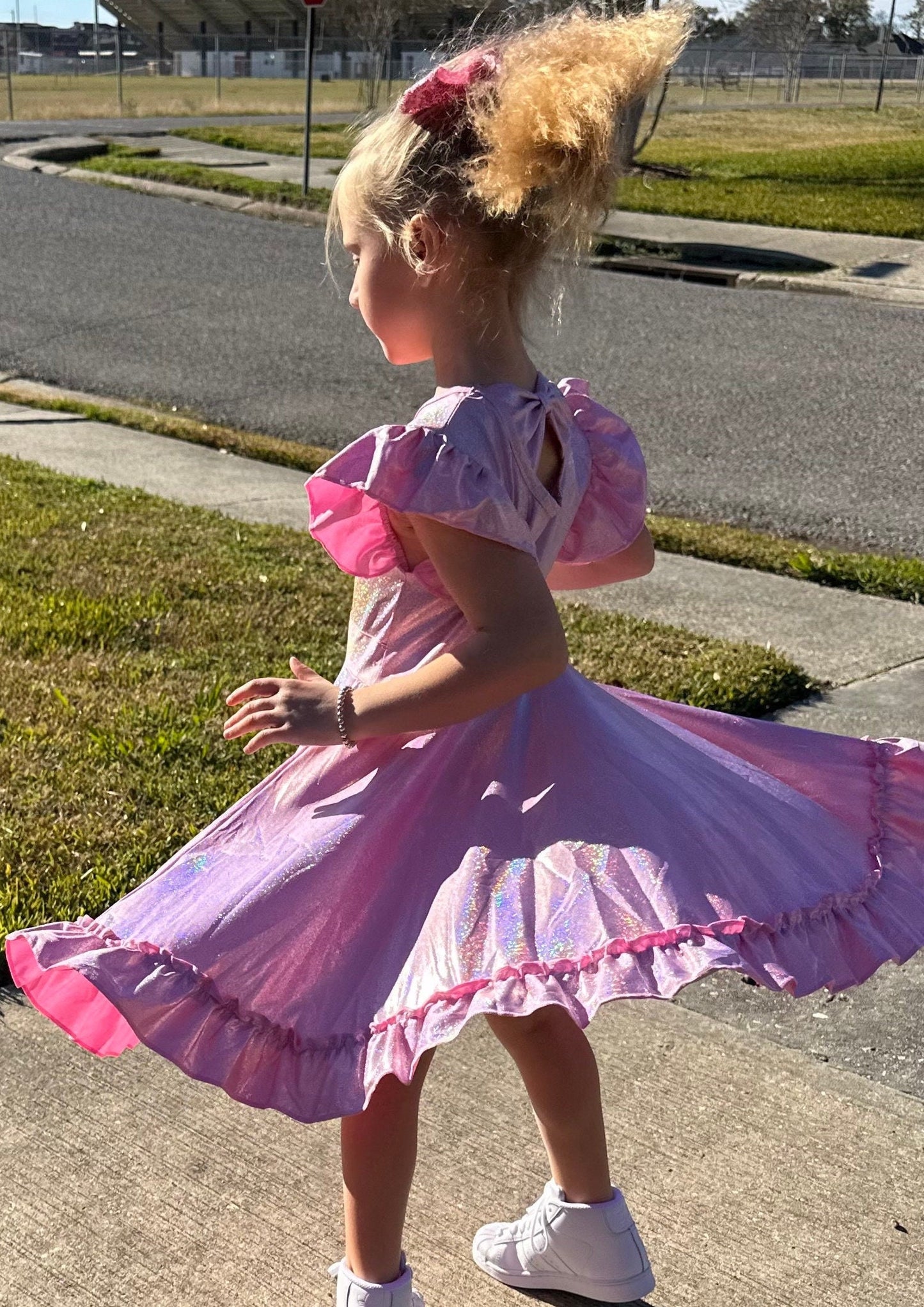 Pink Shimmer Bow Back Twirl Dress