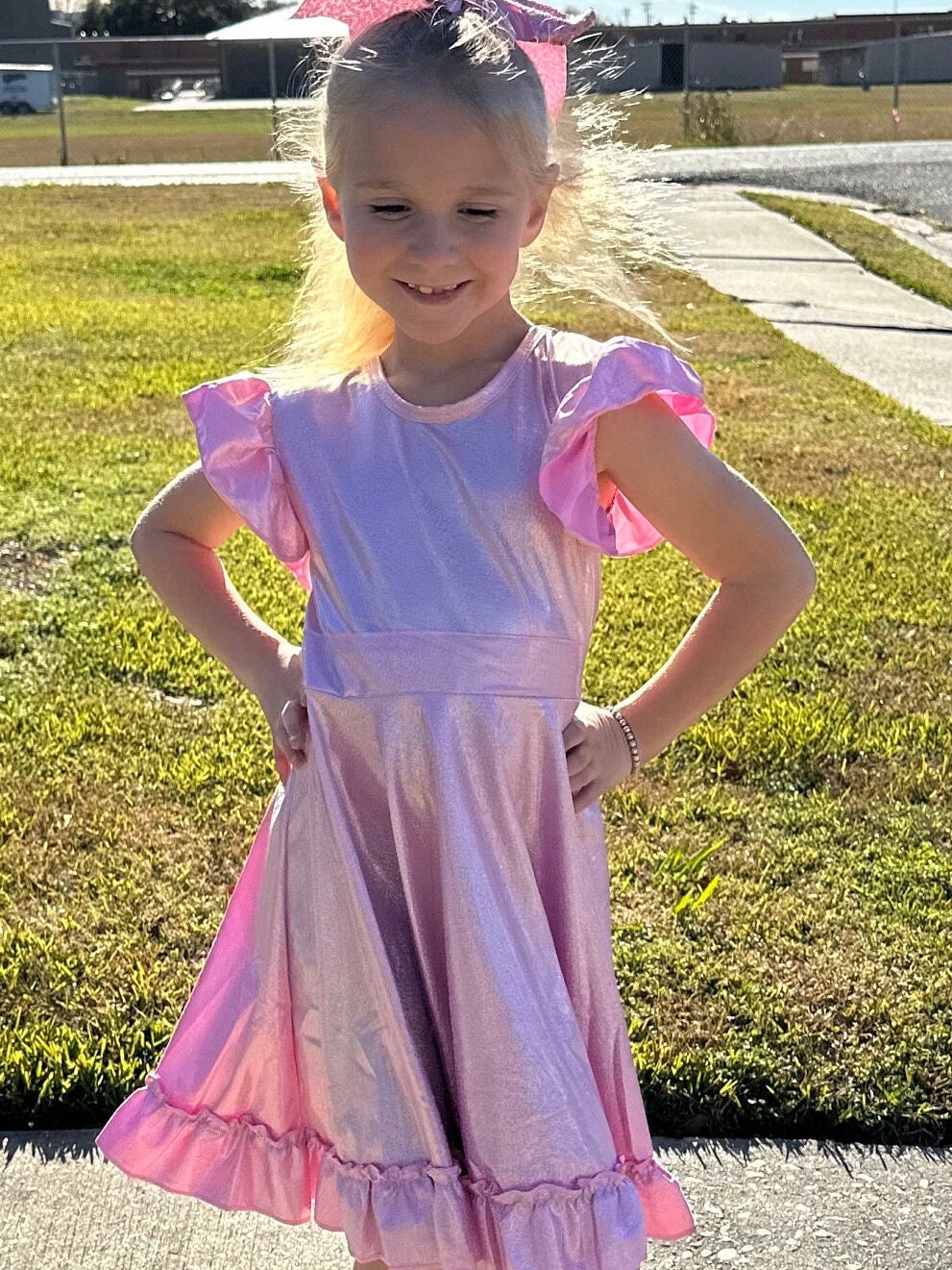 Pink Shimmer Bow Back Twirl Dress