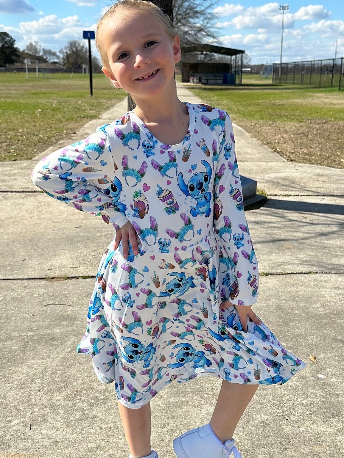 Long sleeve Blue Alien Bow Back Twirl Dress