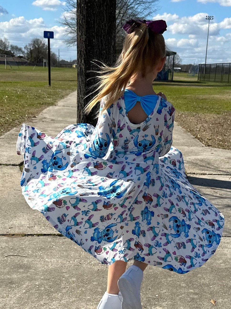 Long sleeve Blue Alien Bow Back Twirl Dress