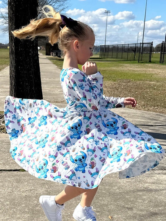 Long sleeve Blue Alien Bow Back Twirl Dress