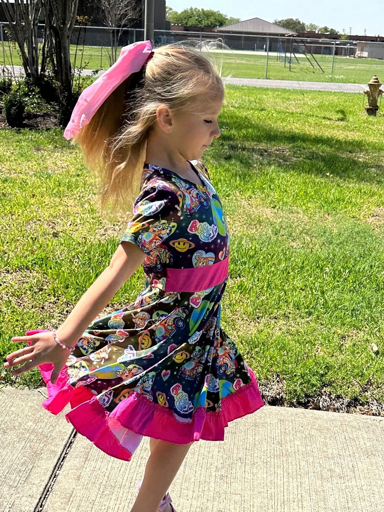 rainbow Blue Dog and friend twirl dress
