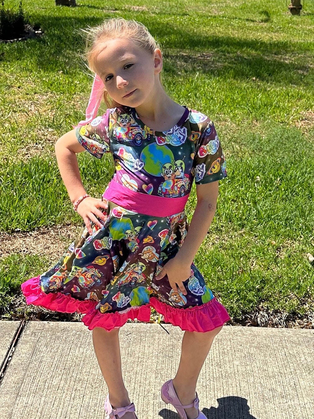 rainbow Blue Dog and friend twirl dress