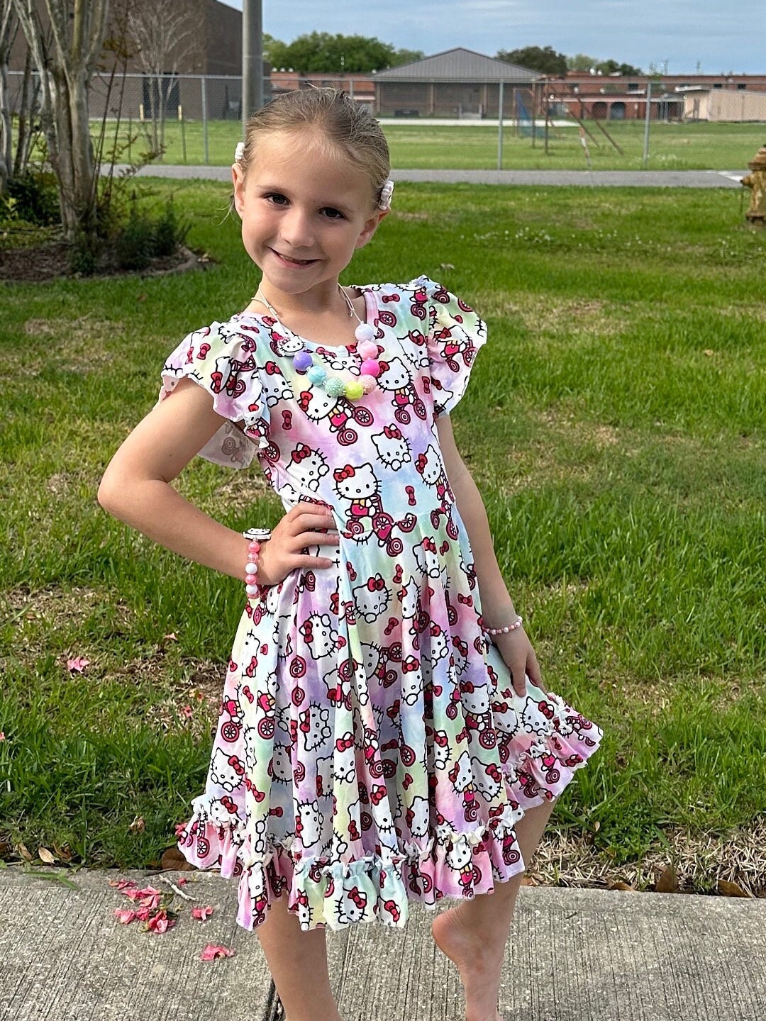 Pastel kawaii kitty and bikes twirl dress