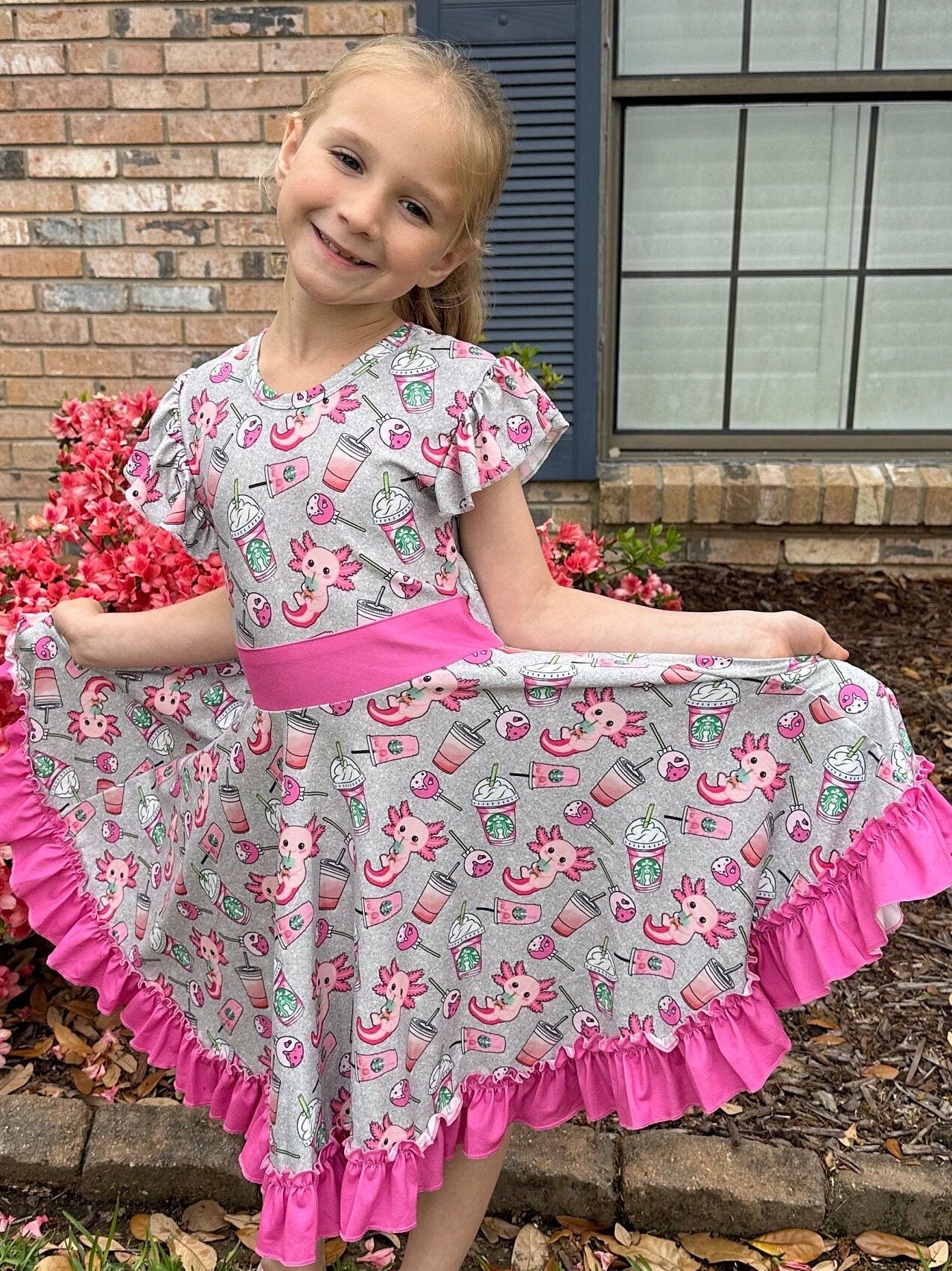 Grey axolotl and cups twirl dress