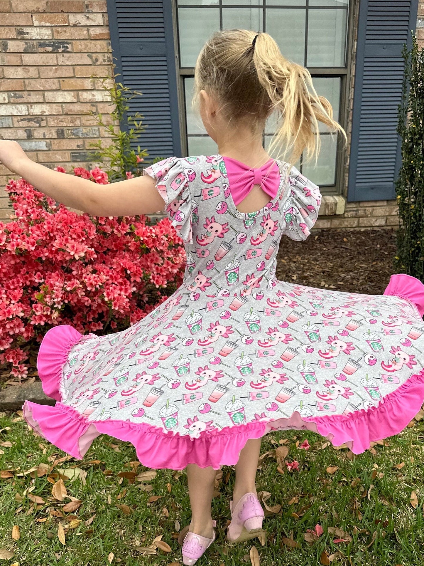 Grey axolotl and cups twirl dress