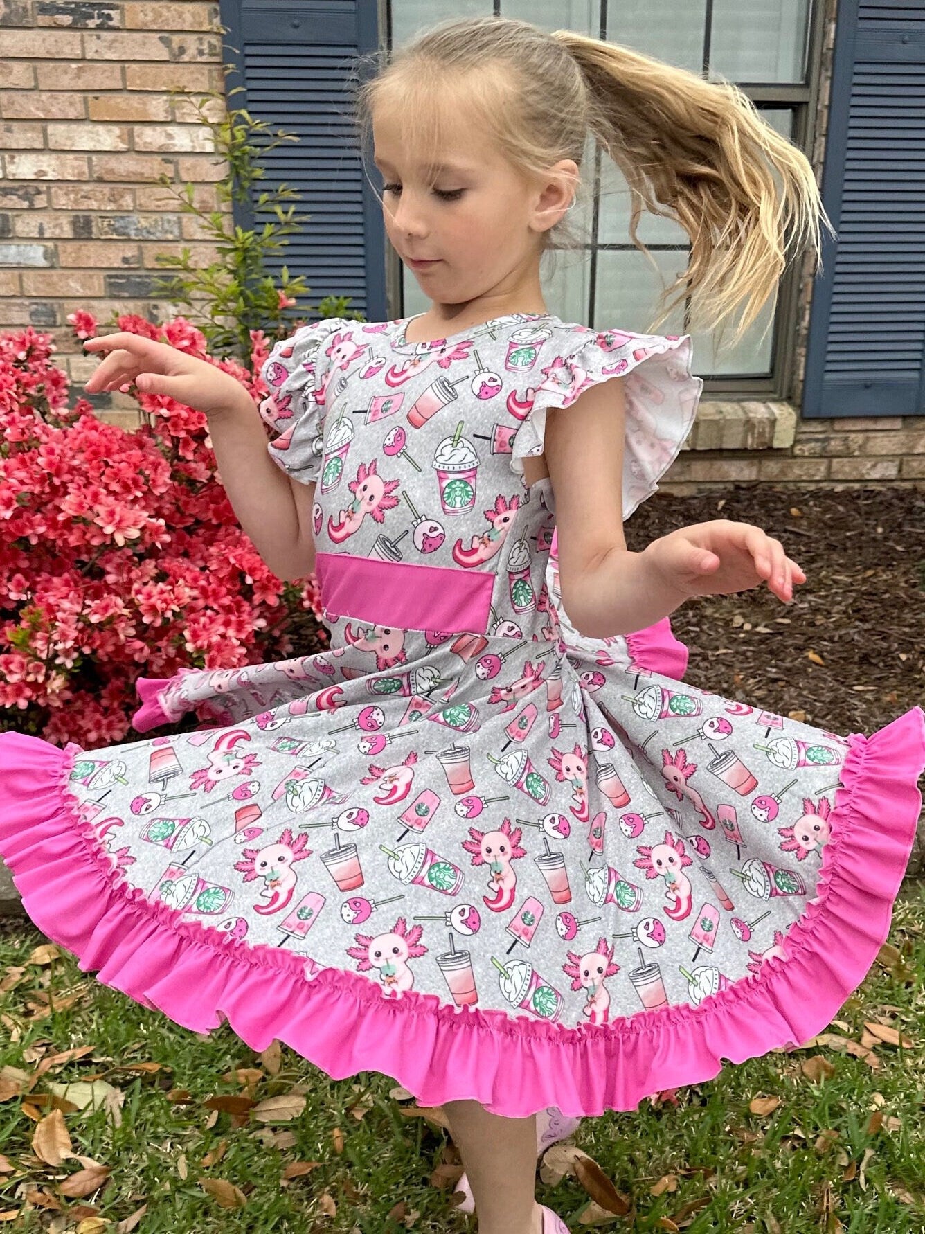 Grey axolotl and cups twirl dress