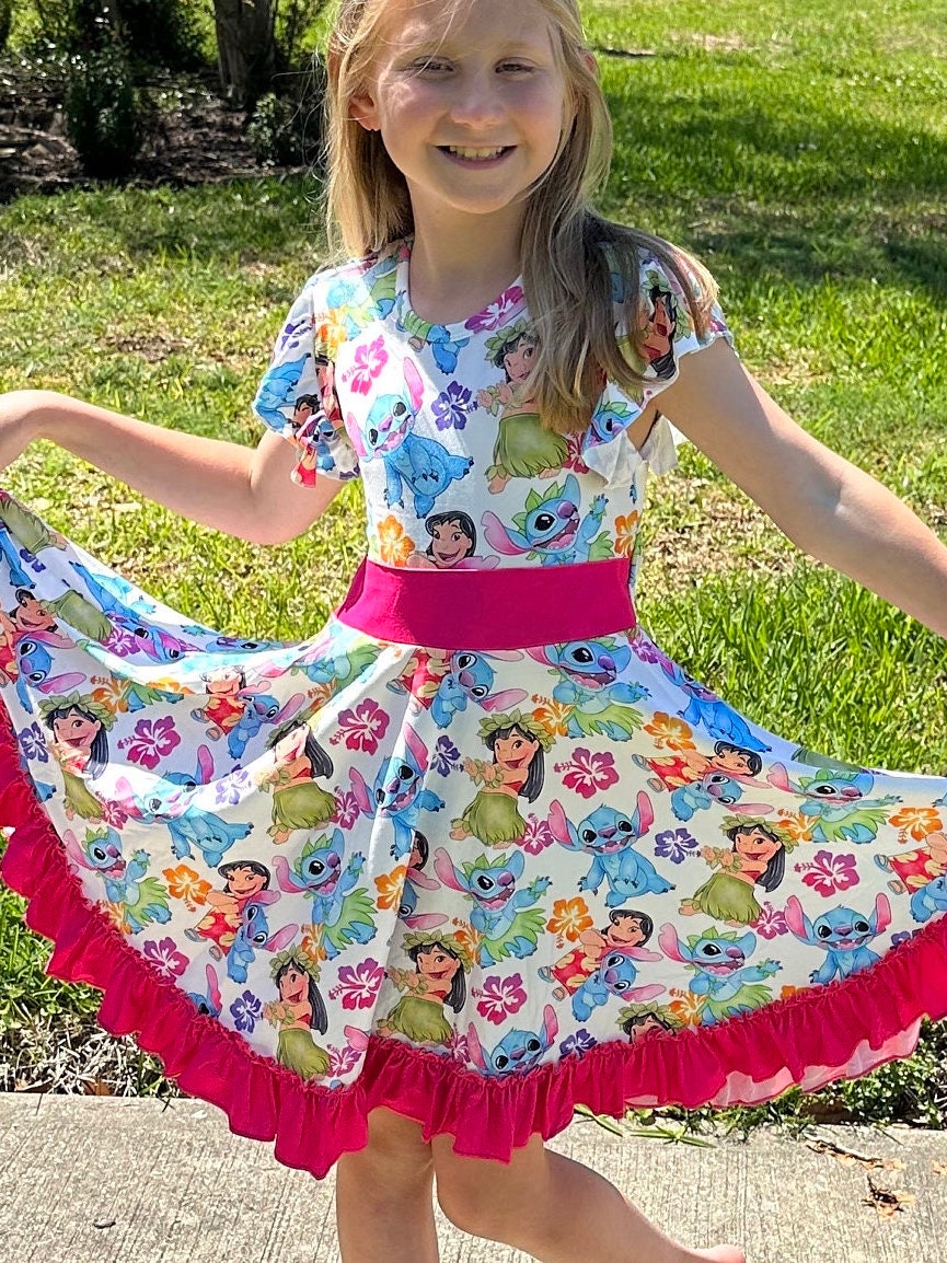 Blue Alien bow back twirl dress with flowers