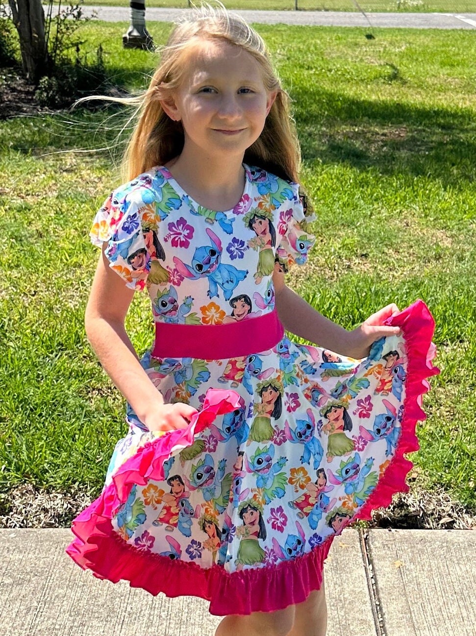 Blue Alien bow back twirl dress with flowers