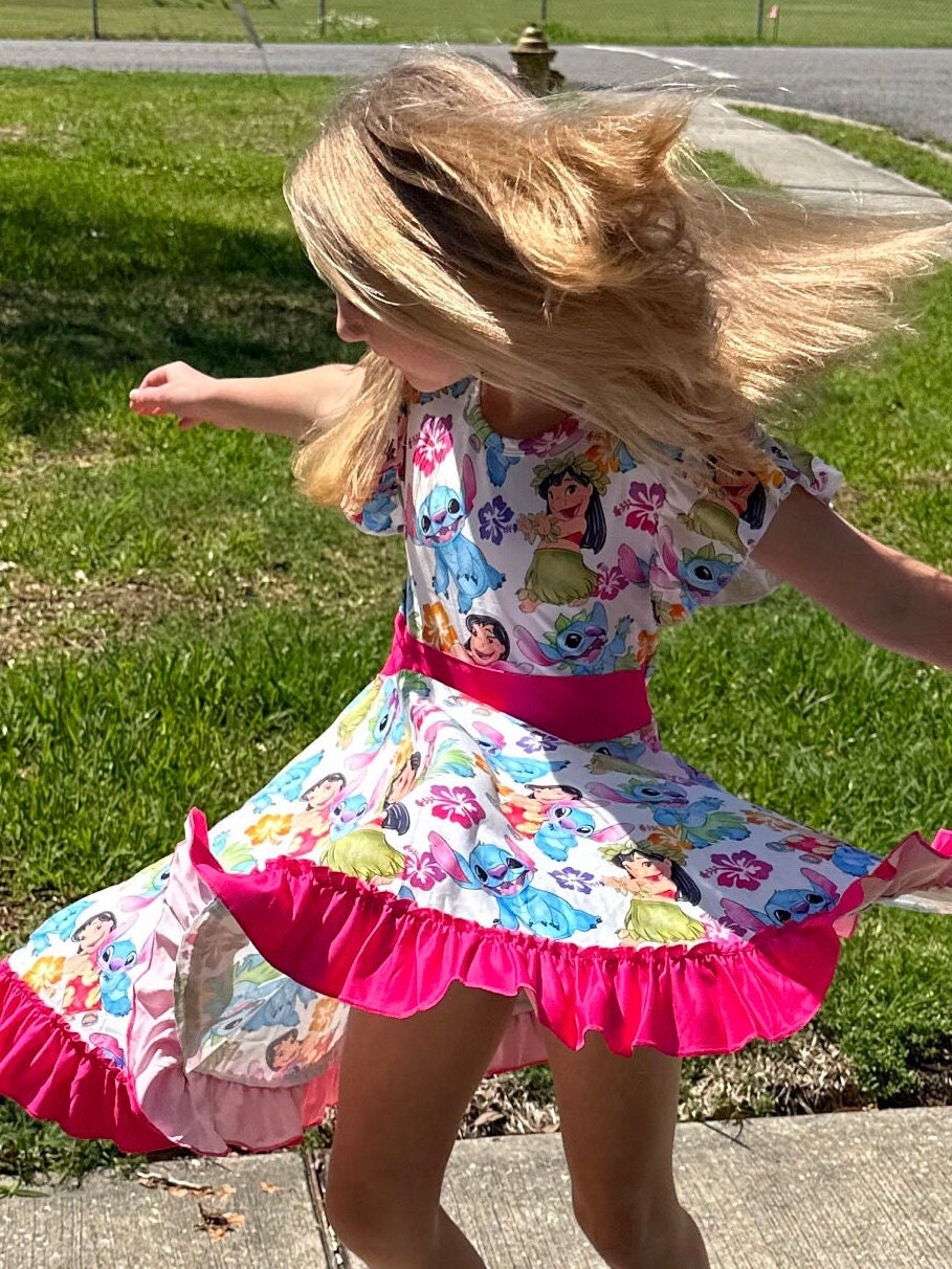 Blue Alien bow back twirl dress with flowers