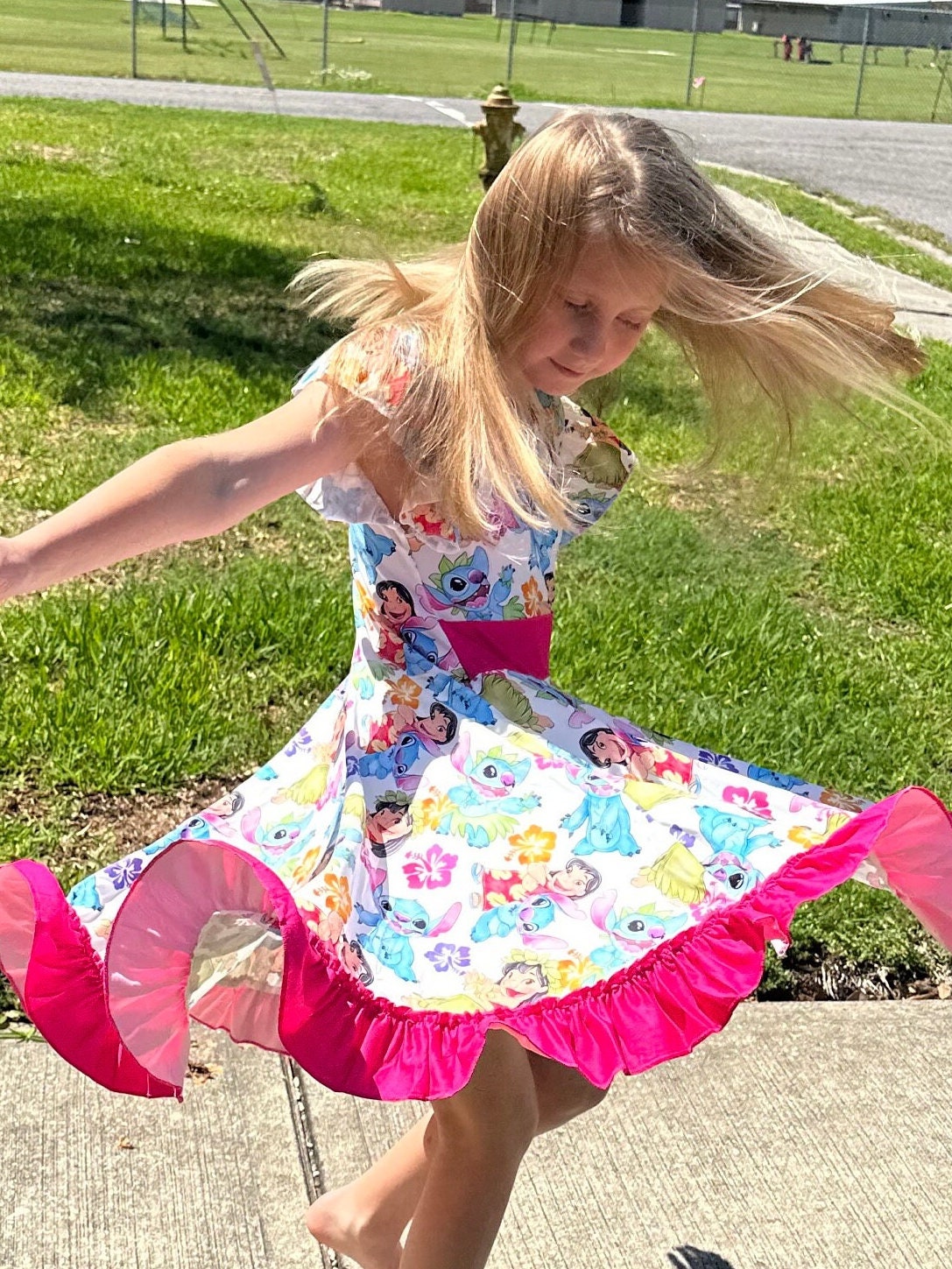 Blue Alien bow back twirl dress with flowers