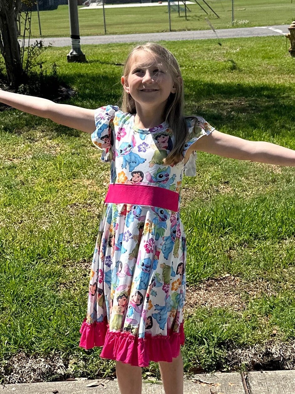 Blue Alien bow back twirl dress with flowers
