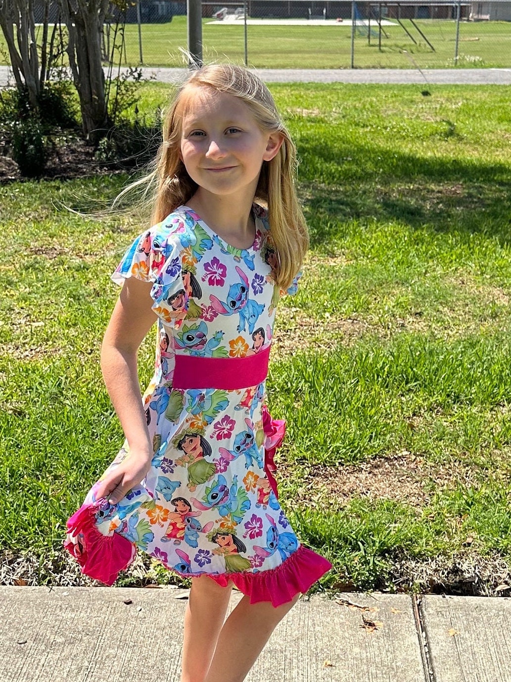Blue Alien bow back twirl dress with flowers