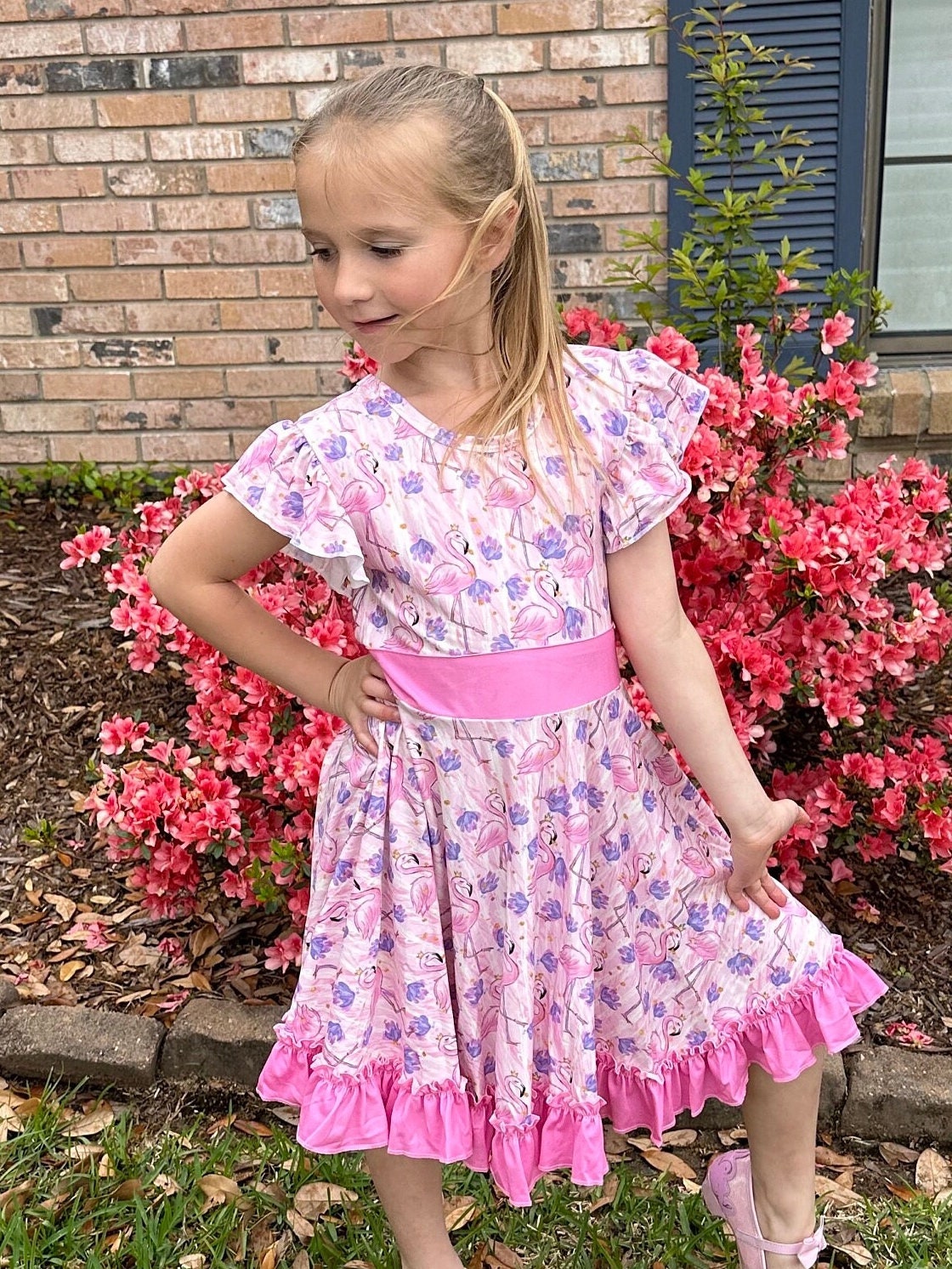 flamingo floral bow back twirl dress