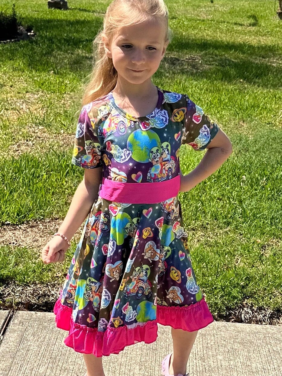 rainbow Blue Dog and friend twirl dress