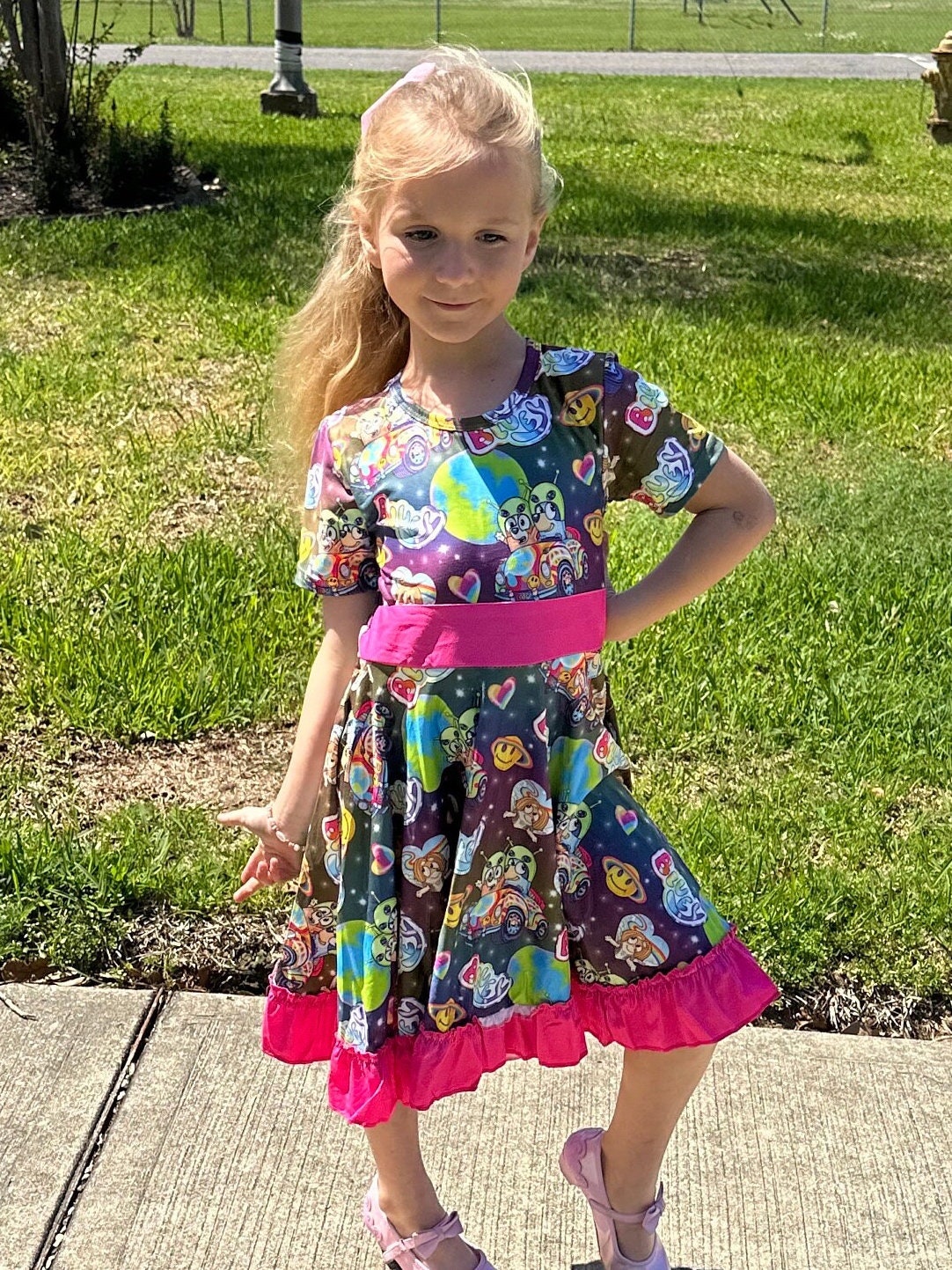 rainbow Blue Dog and friend twirl dress