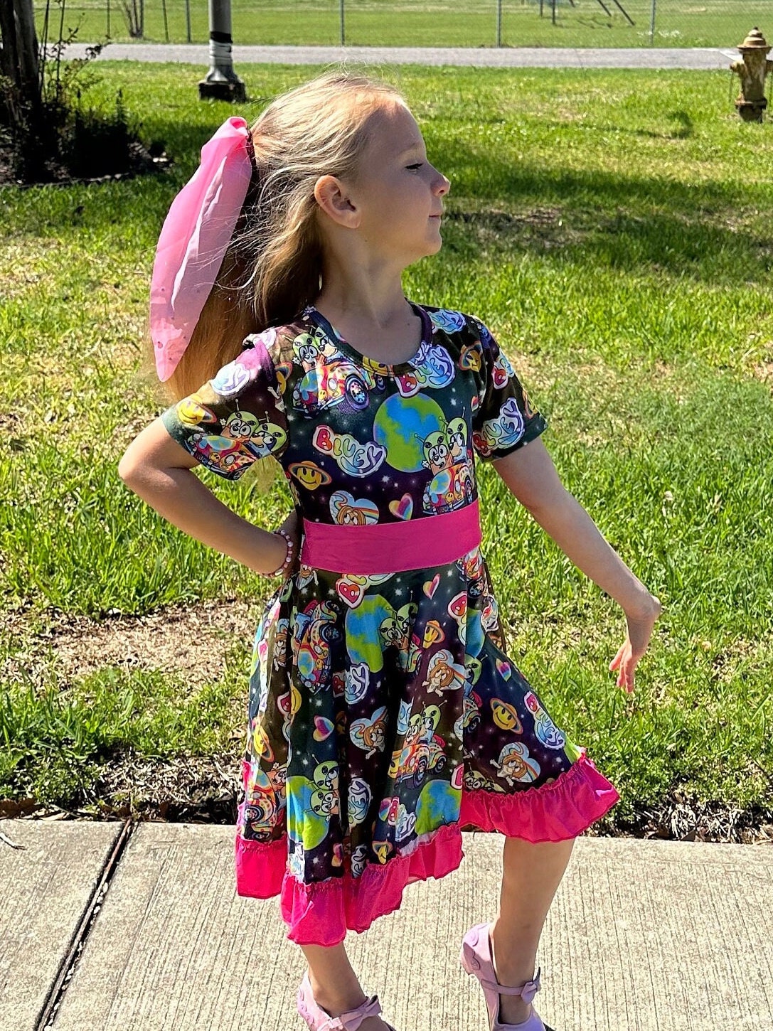 rainbow Blue Dog and friend twirl dress