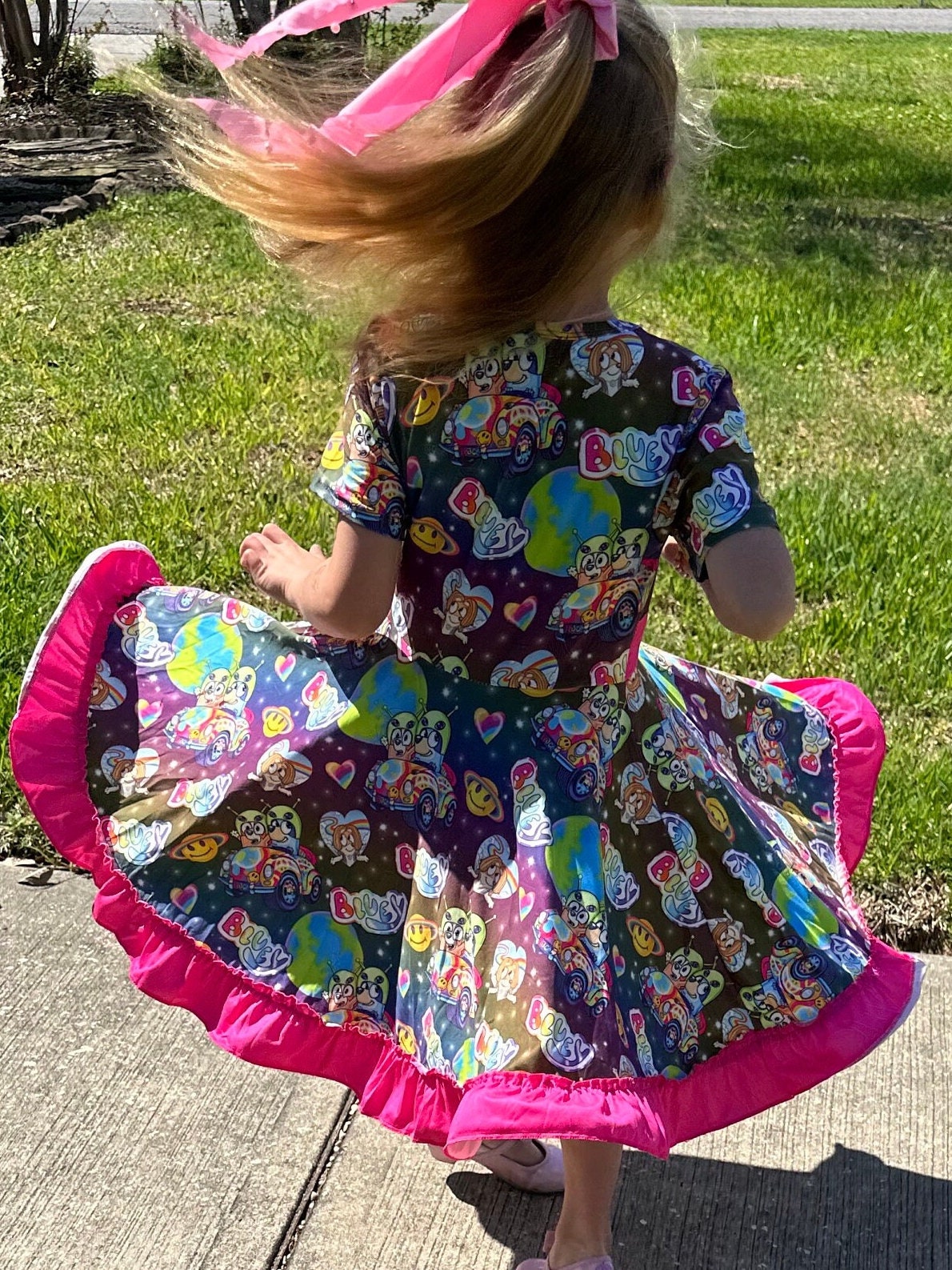 rainbow Blue Dog and friend twirl dress