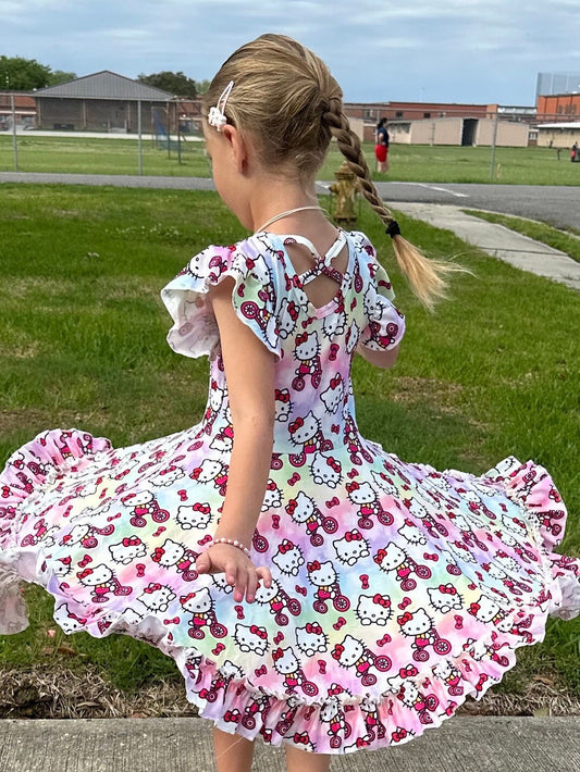 Pastel kawaii kitty and bikes twirl dress