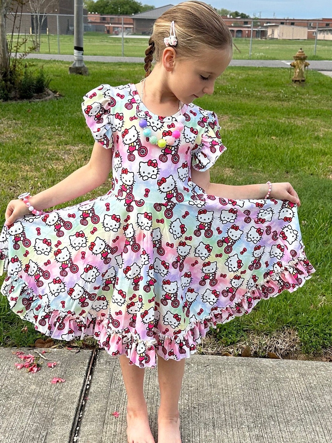 Pastel kawaii kitty and bikes twirl dress