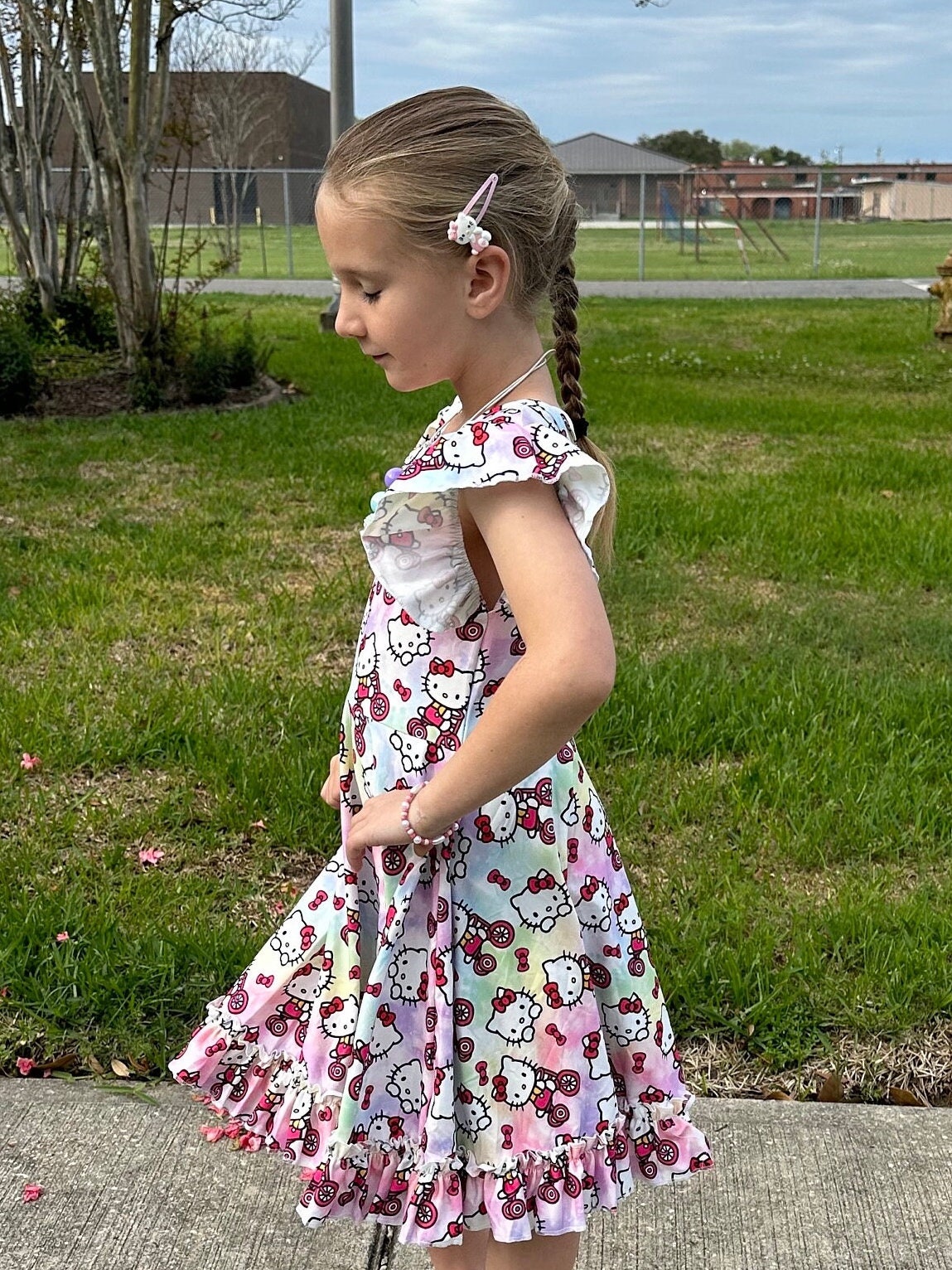 Pastel kawaii kitty and bikes twirl dress