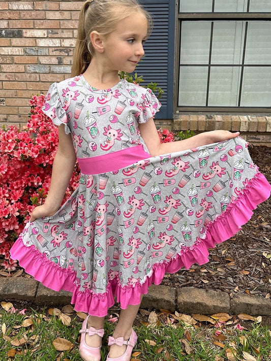 Grey axolotl and cups twirl dress