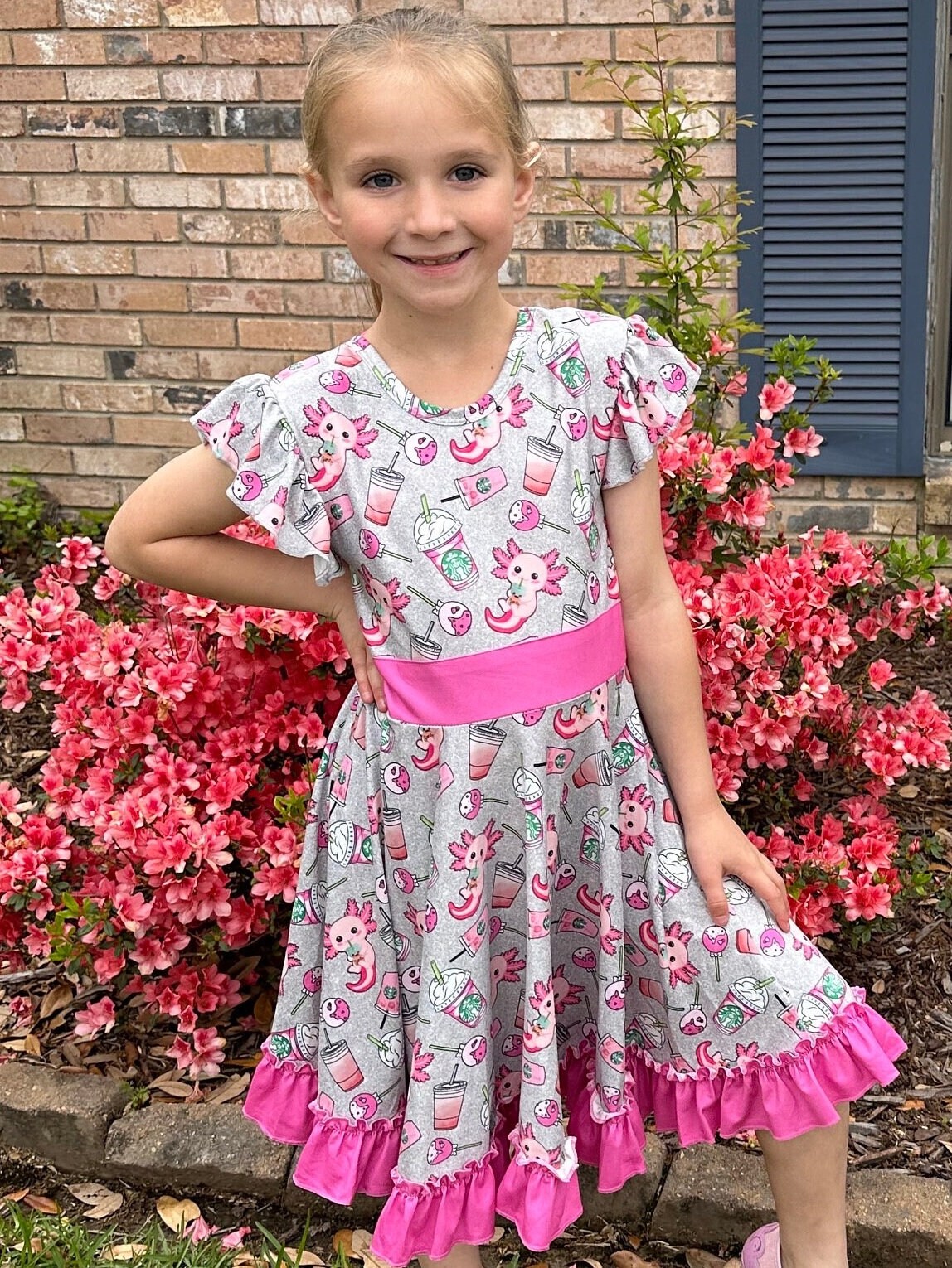 Grey axolotl and cups twirl dress