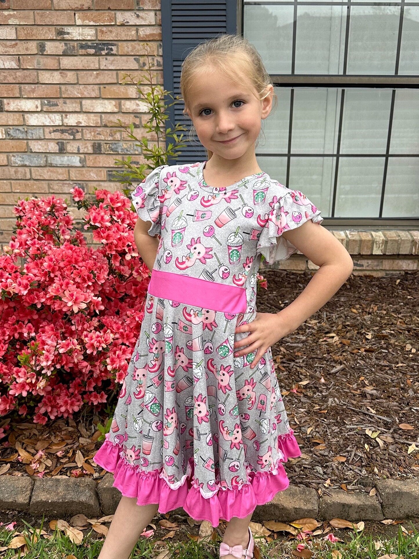 Grey axolotl and cups twirl dress