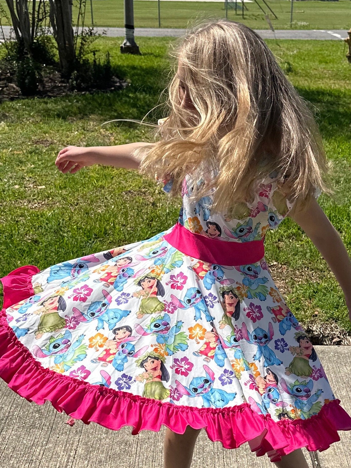 Blue Alien bow back twirl dress with flowers