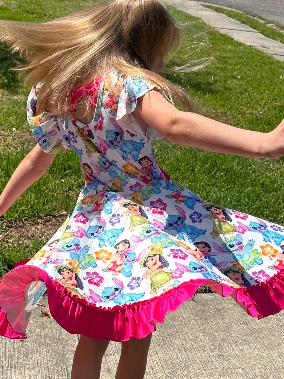 Blue Alien bow back twirl dress with flowers