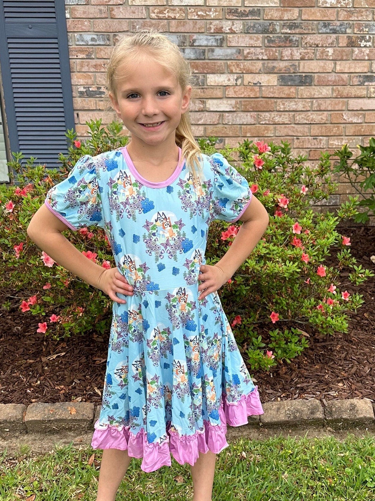 Floral Butterfly Blue Dog Twirl Dress