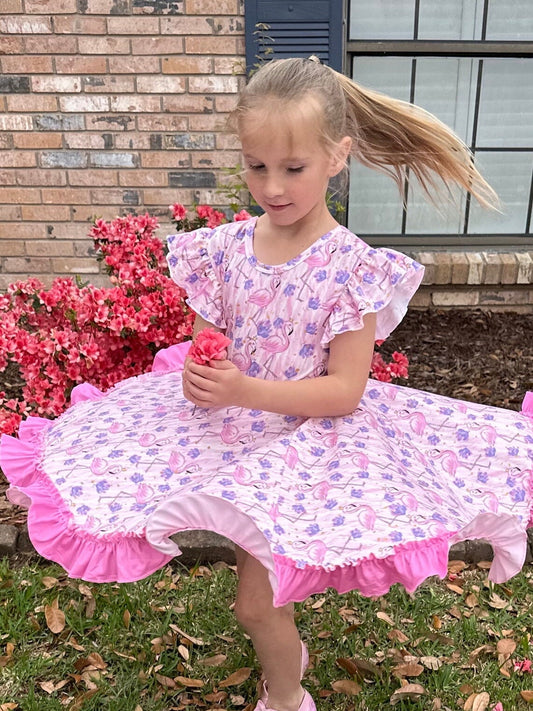 flamingo floral bow back twirl dress