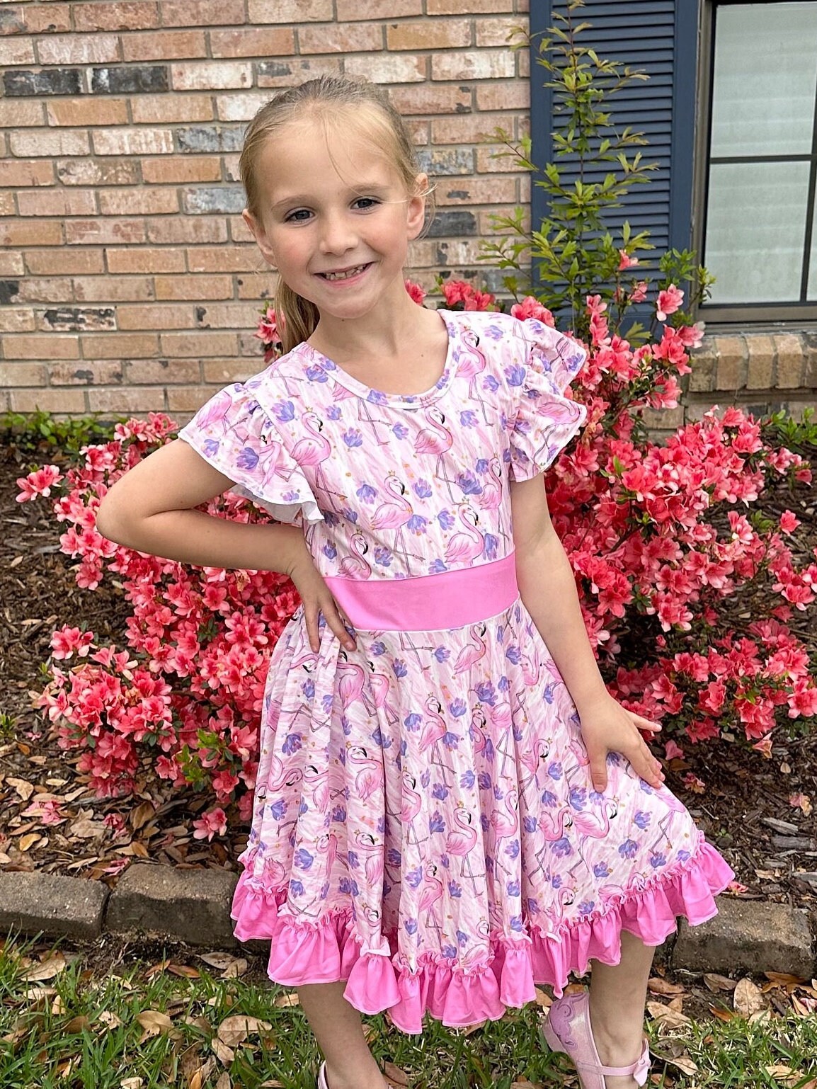 flamingo floral bow back twirl dress
