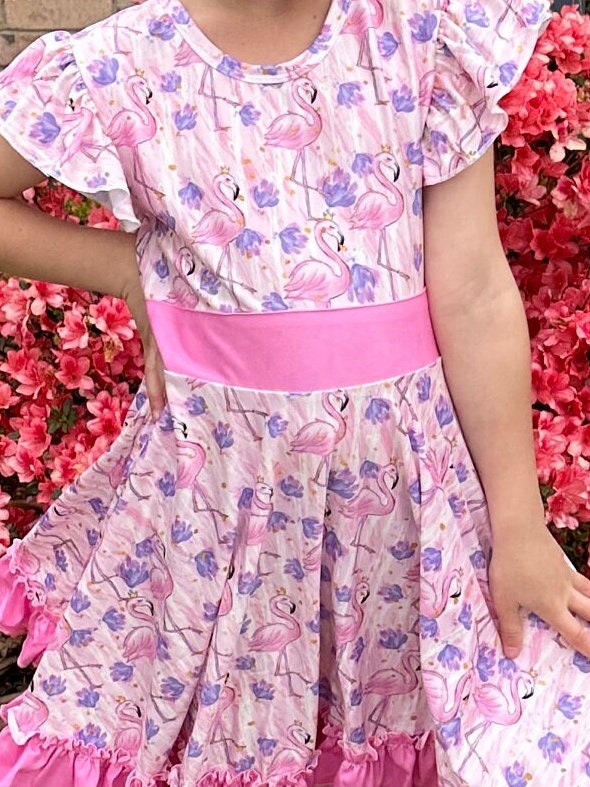 flamingo floral bow back twirl dress