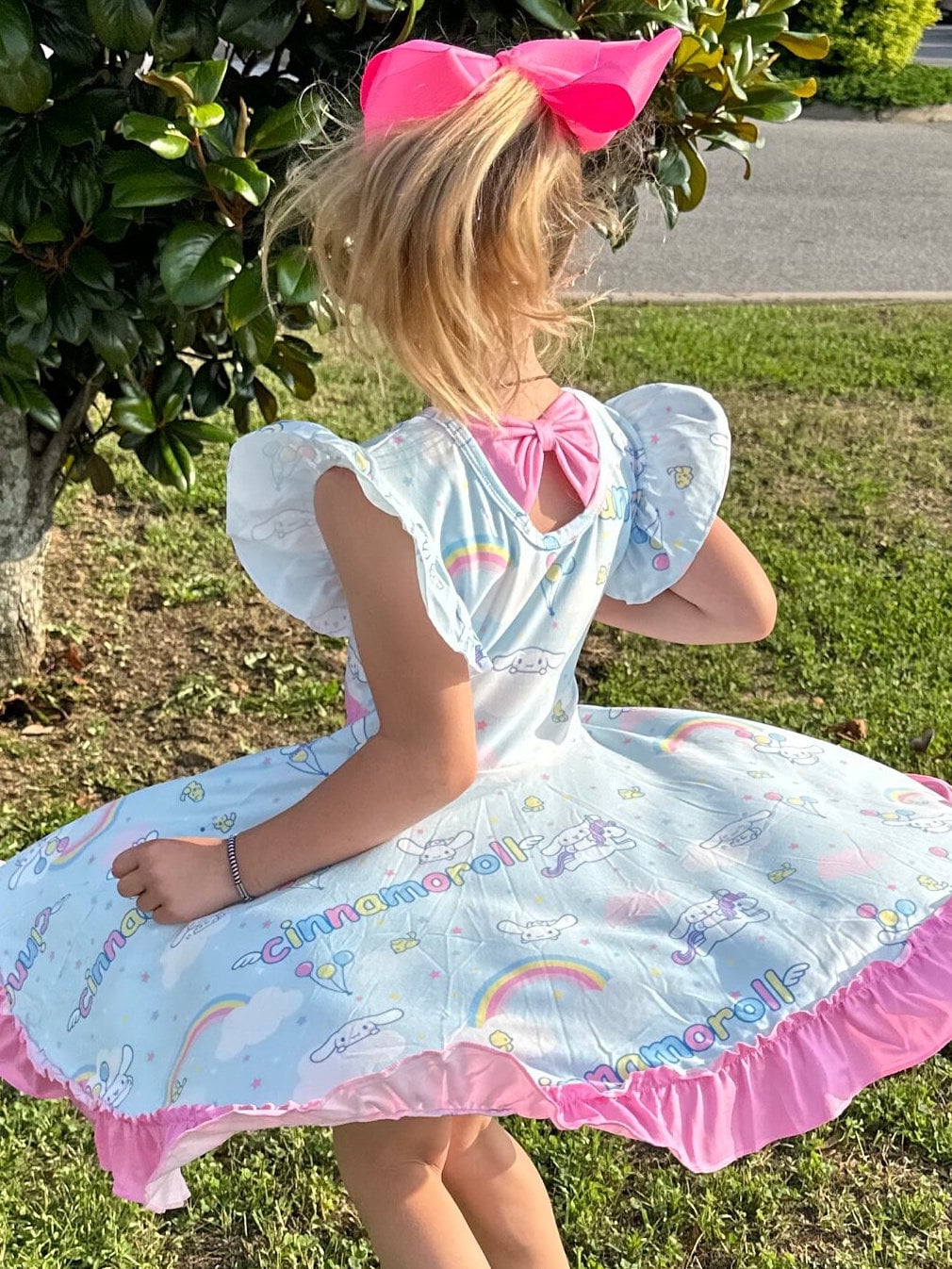 Kawaii White Puppy and Rainbows Bow Back Twirl Dress