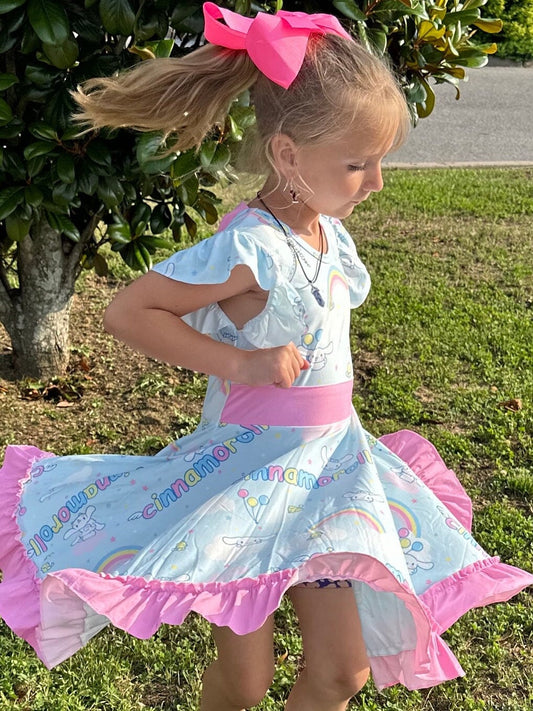 Kawaii White Puppy and Rainbows Bow Back Twirl Dress