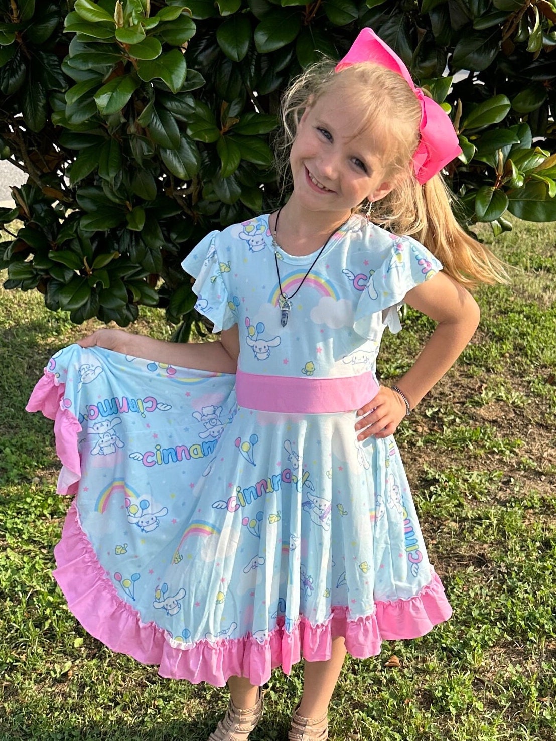 Kawaii White Puppy and Rainbows Bow Back Twirl Dress