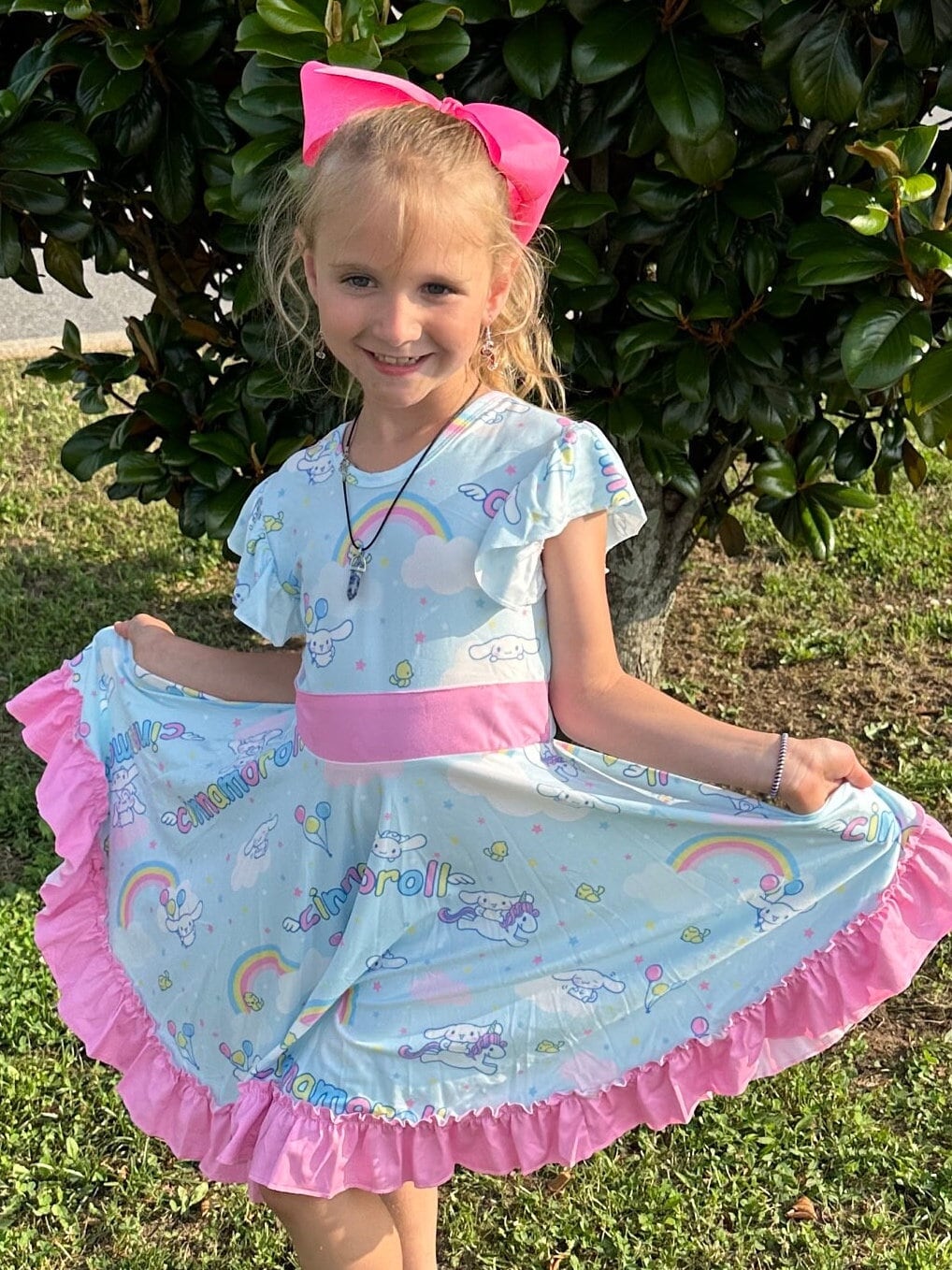 Kawaii White Puppy and Rainbows Bow Back Twirl Dress