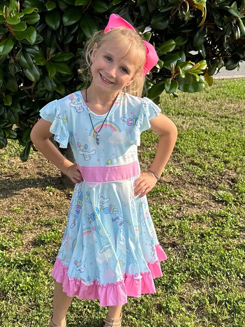 Kawaii White Puppy and Rainbows Bow Back Twirl Dress