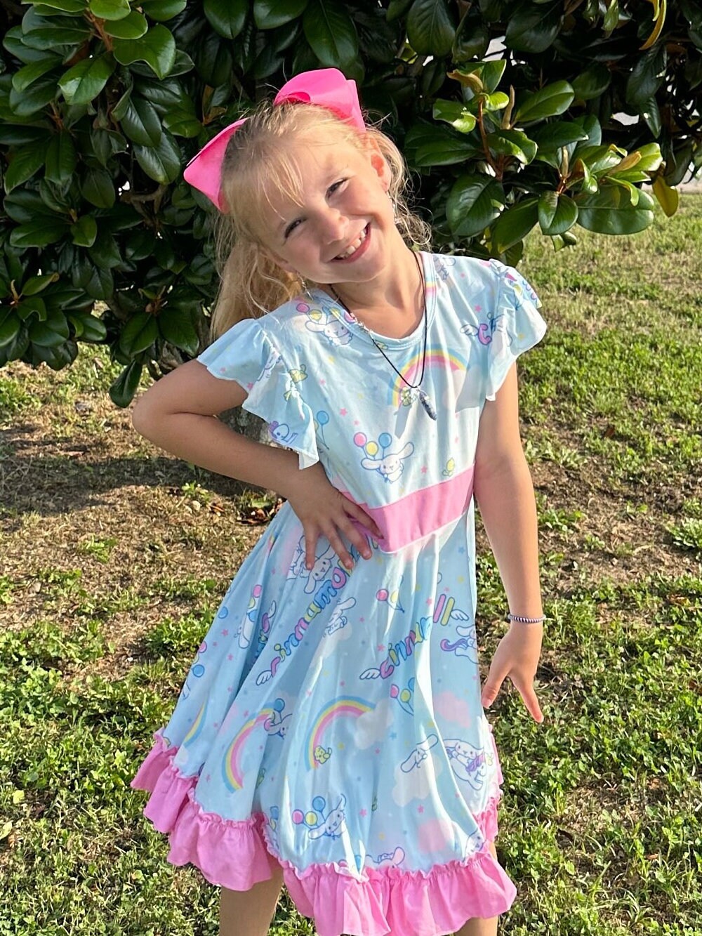 Kawaii White Puppy and Rainbows Bow Back Twirl Dress